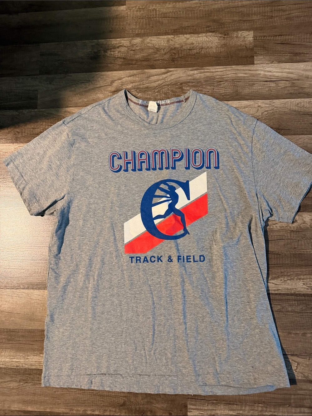 Todd Synder Champion Gray Track & Field Graphic Tee with Blue and Red
